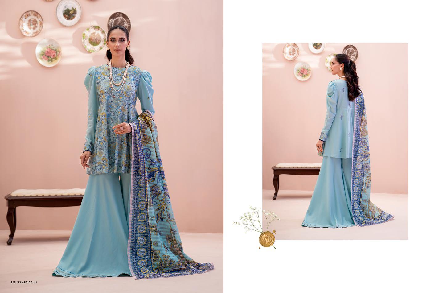 The Serene Sky: Premium Karandi Ensemble with Digital Shawl | Unstitched