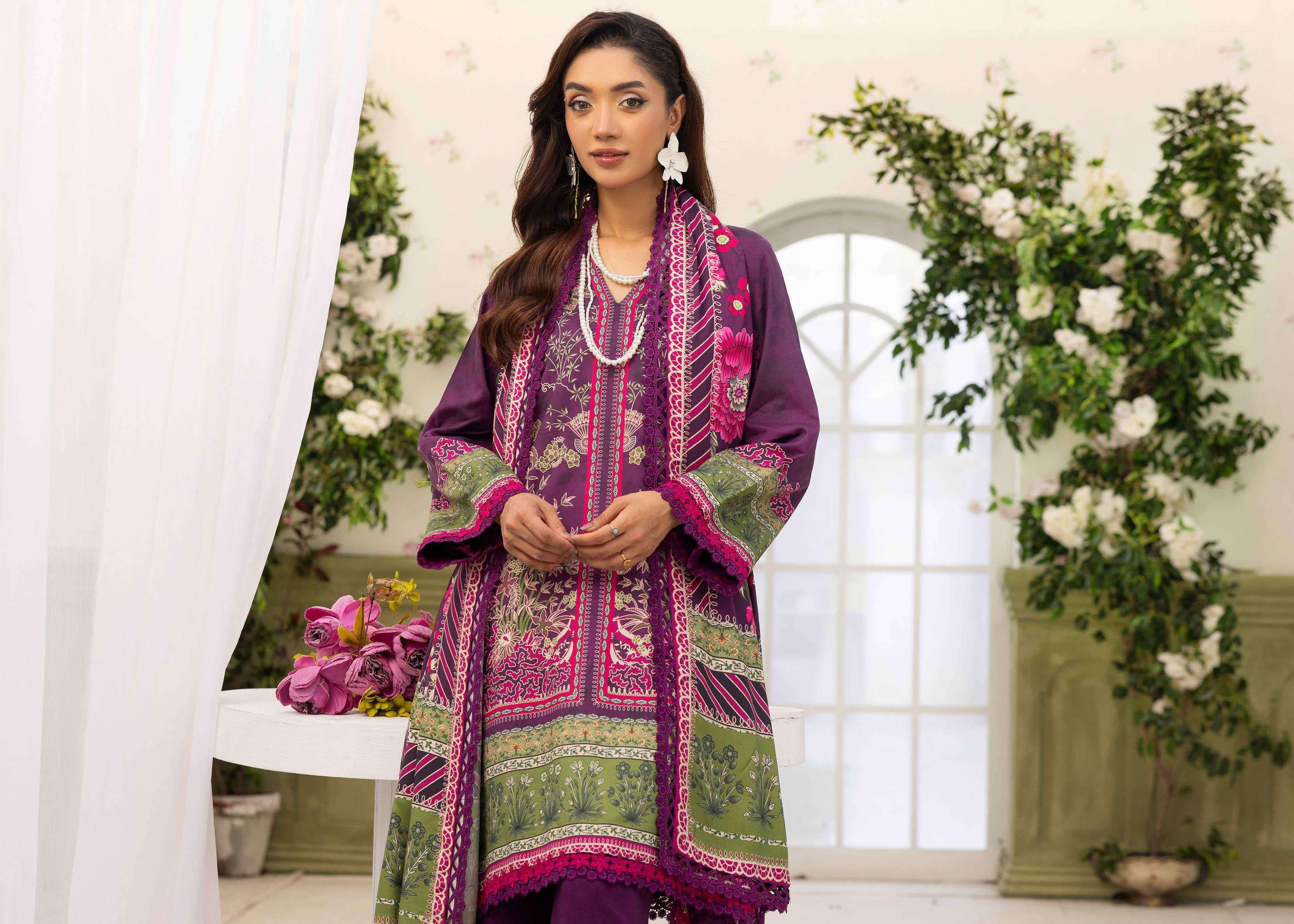 Royal Purple & Olive Digital Print Linen Suit | 3-Piece Luxury Winter Collection