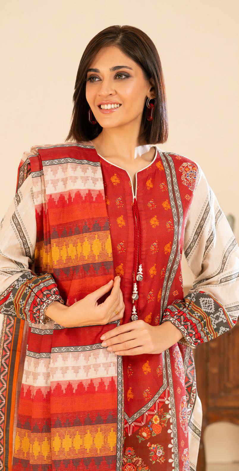 Rustic Charm: 3-Piece Ethnic Fusion Khaddar Suit | Winter Collection
