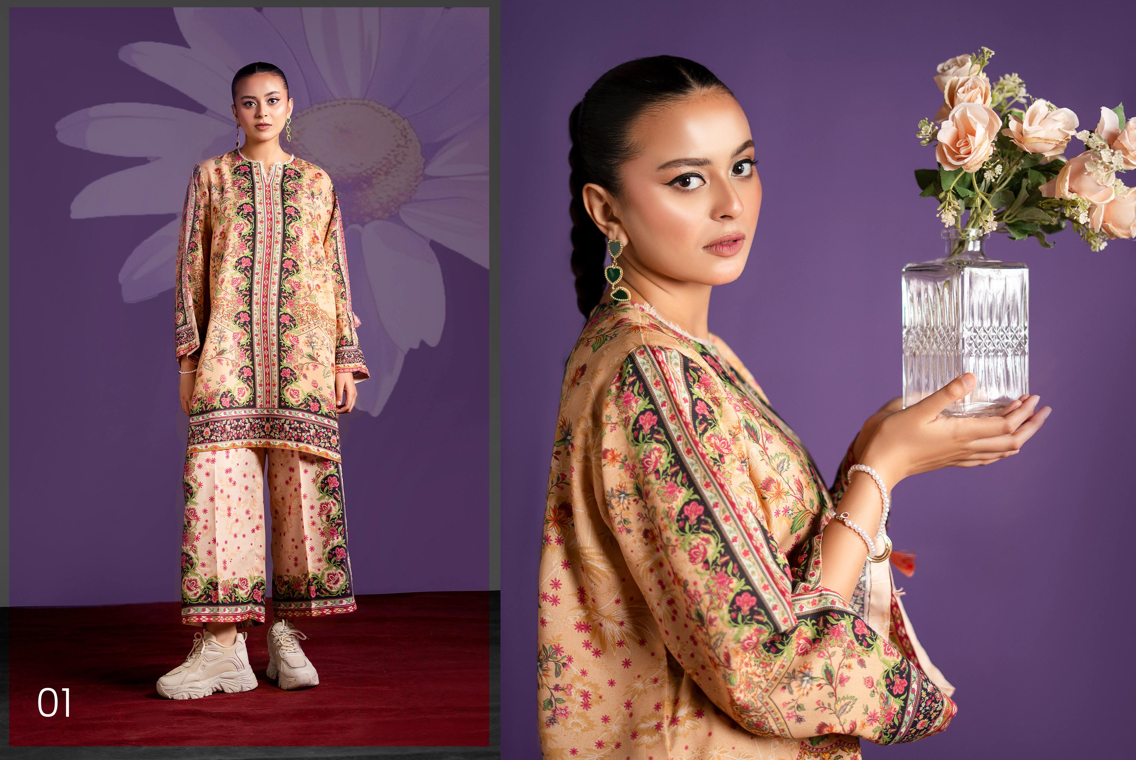 Elegant Floral Digital Print Linen Suit | 2-Piece Unstitched Set