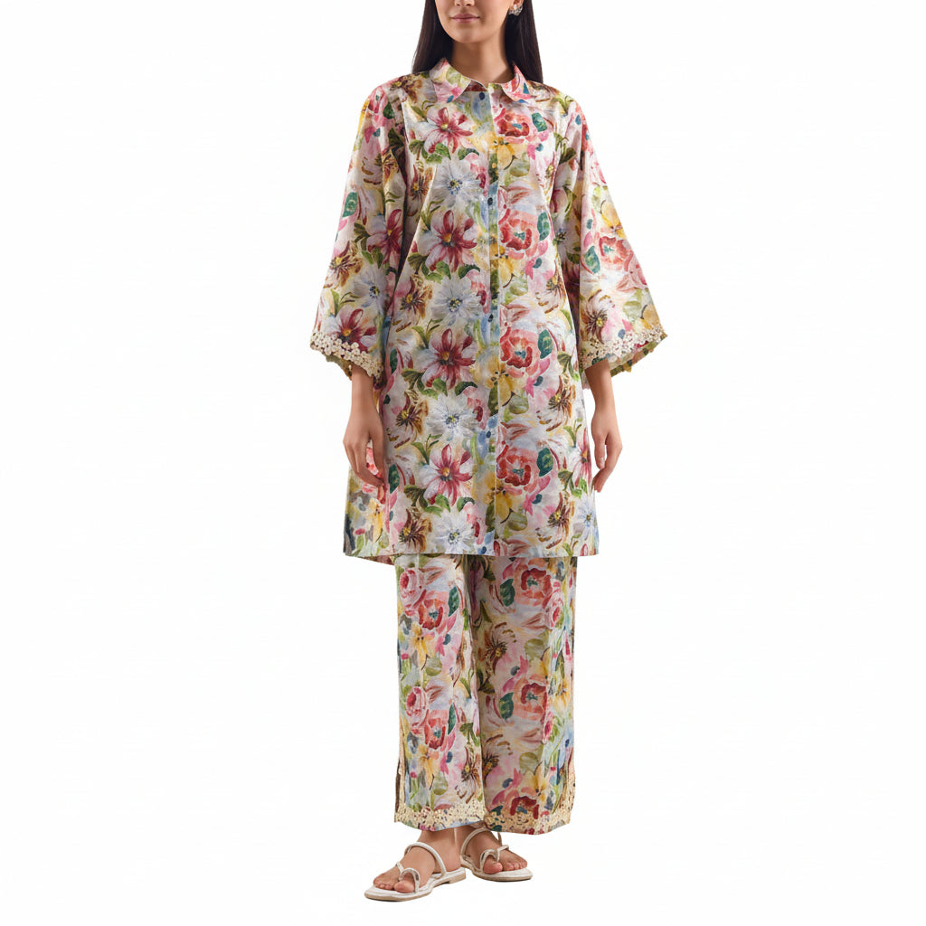 Woman wearing a floral two-piece outfit with Saya branding and product details.