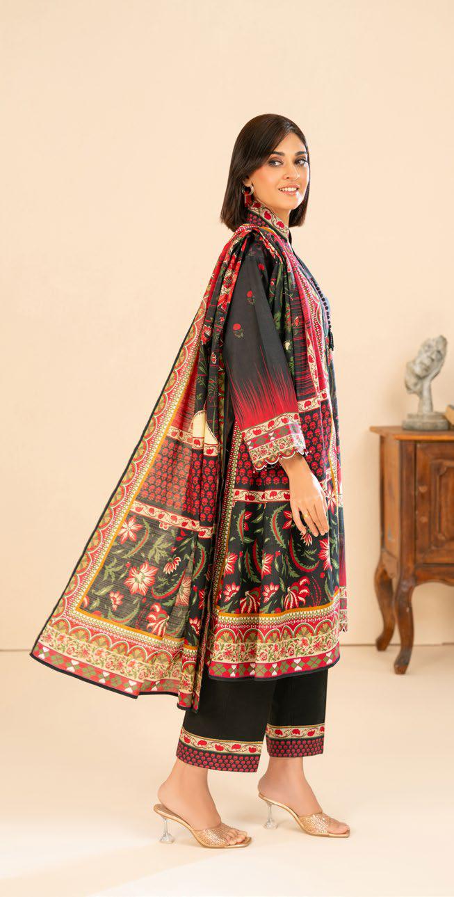 Dramatic Floral Printed Khaddar 3-Piece Unstitched Suit | Black and Red