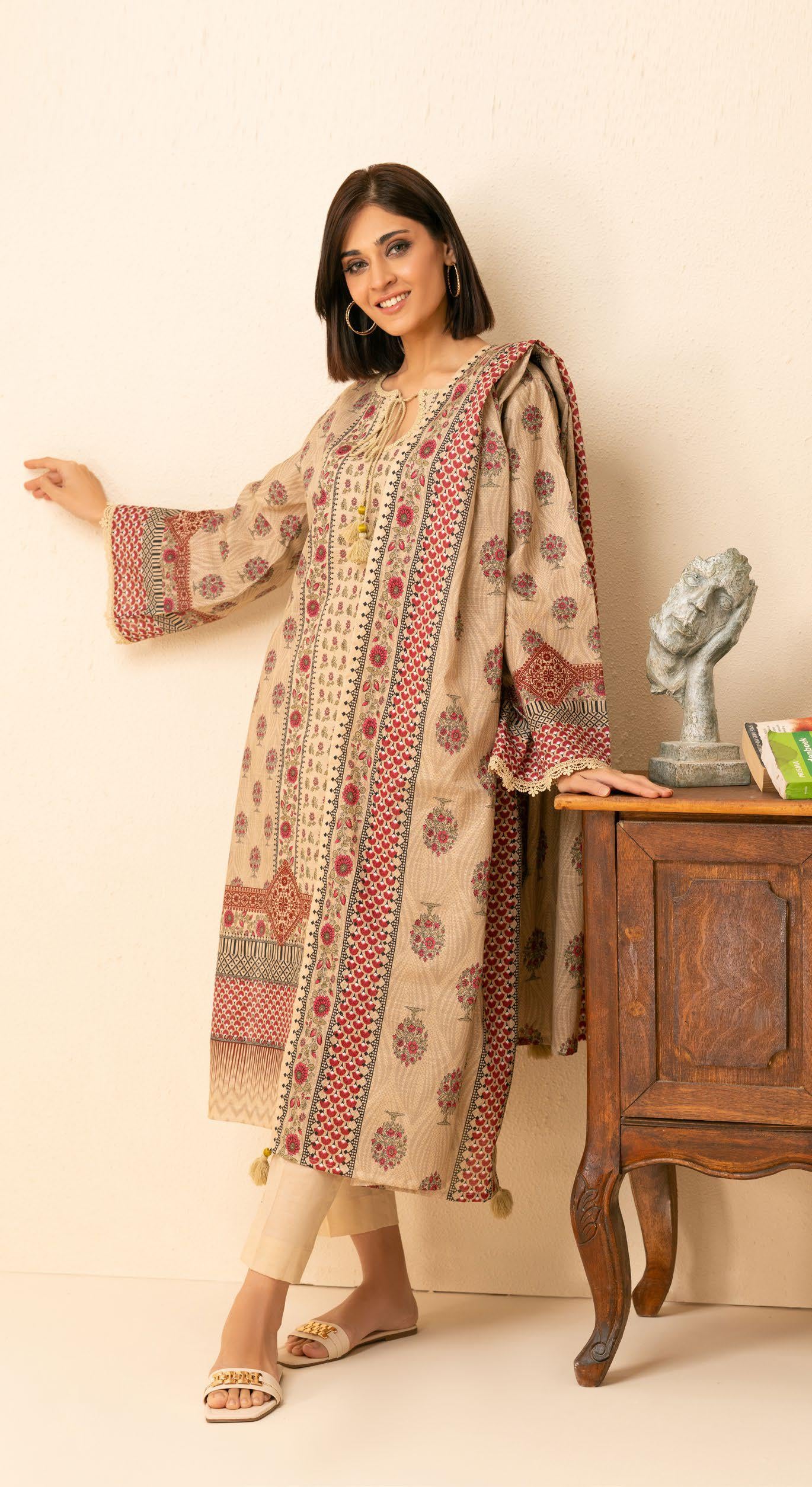 Elegant Ethnic Printed Khaddar 3-Piece Unstitched Suit | Beige & Red