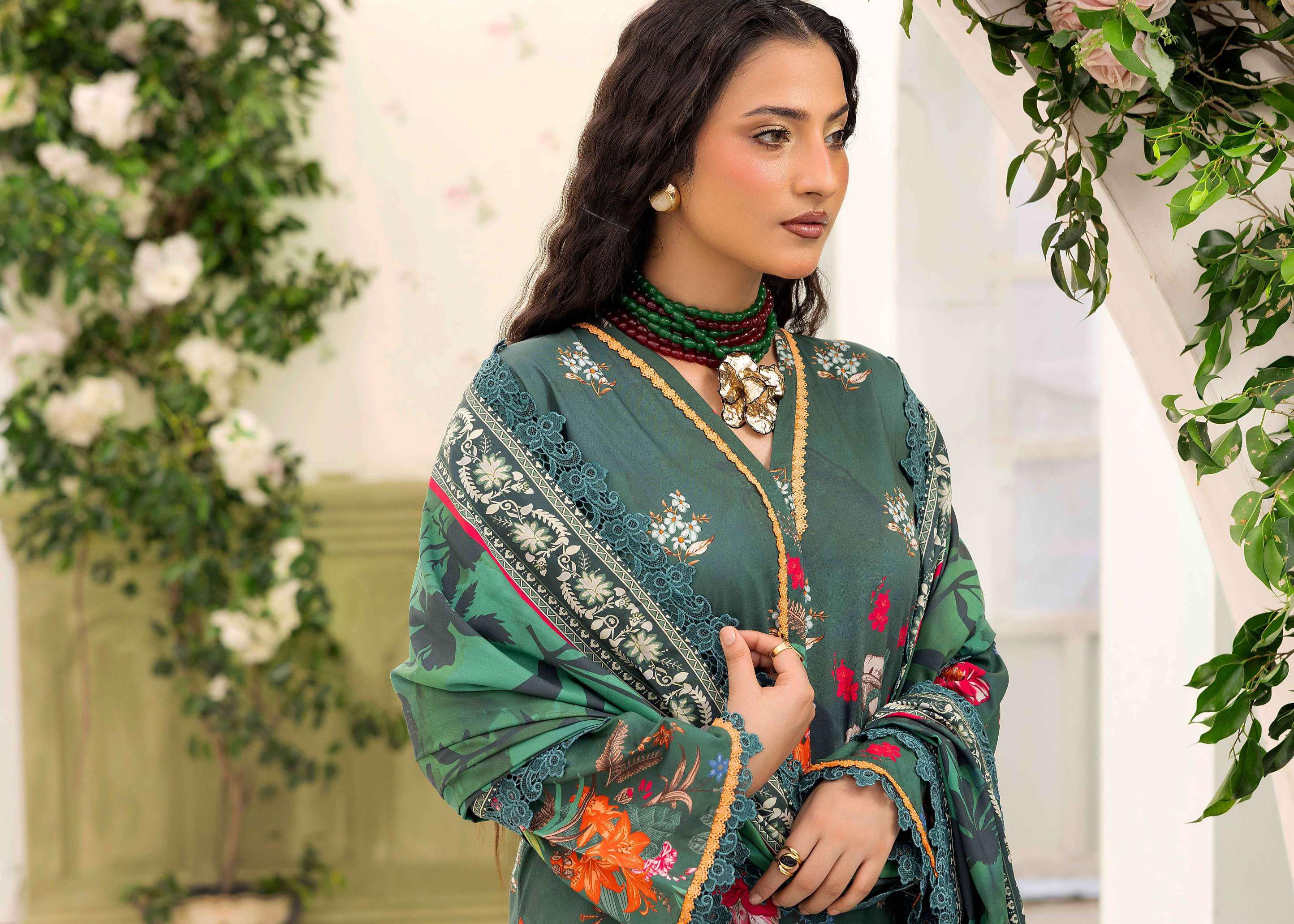 Deep Teal Digital Print Linen Suit | 3-Piece Luxury Floral Winter Collection
