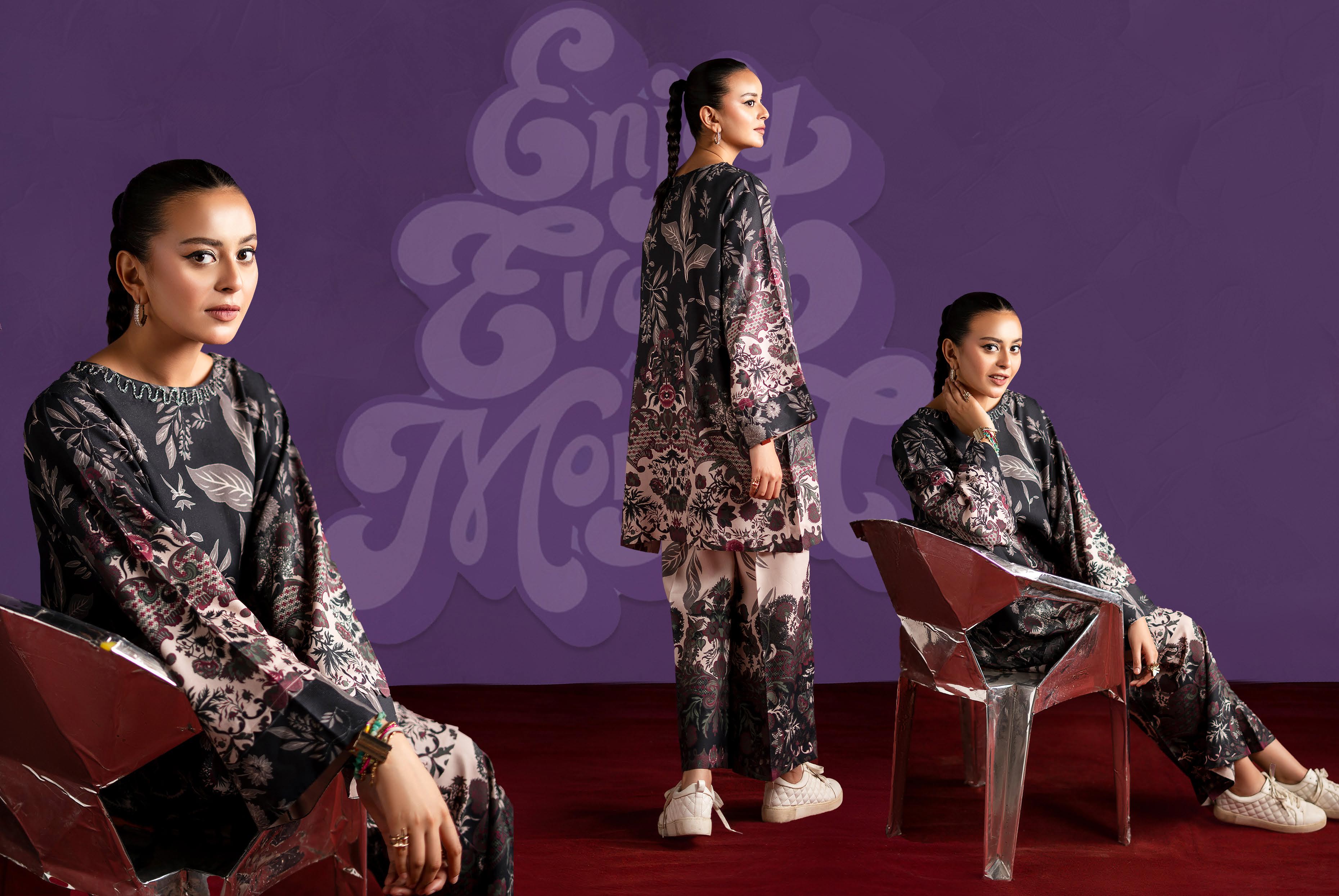 Chic Black Floral Digital Print Linen Suit | 2-Piece Unstitched