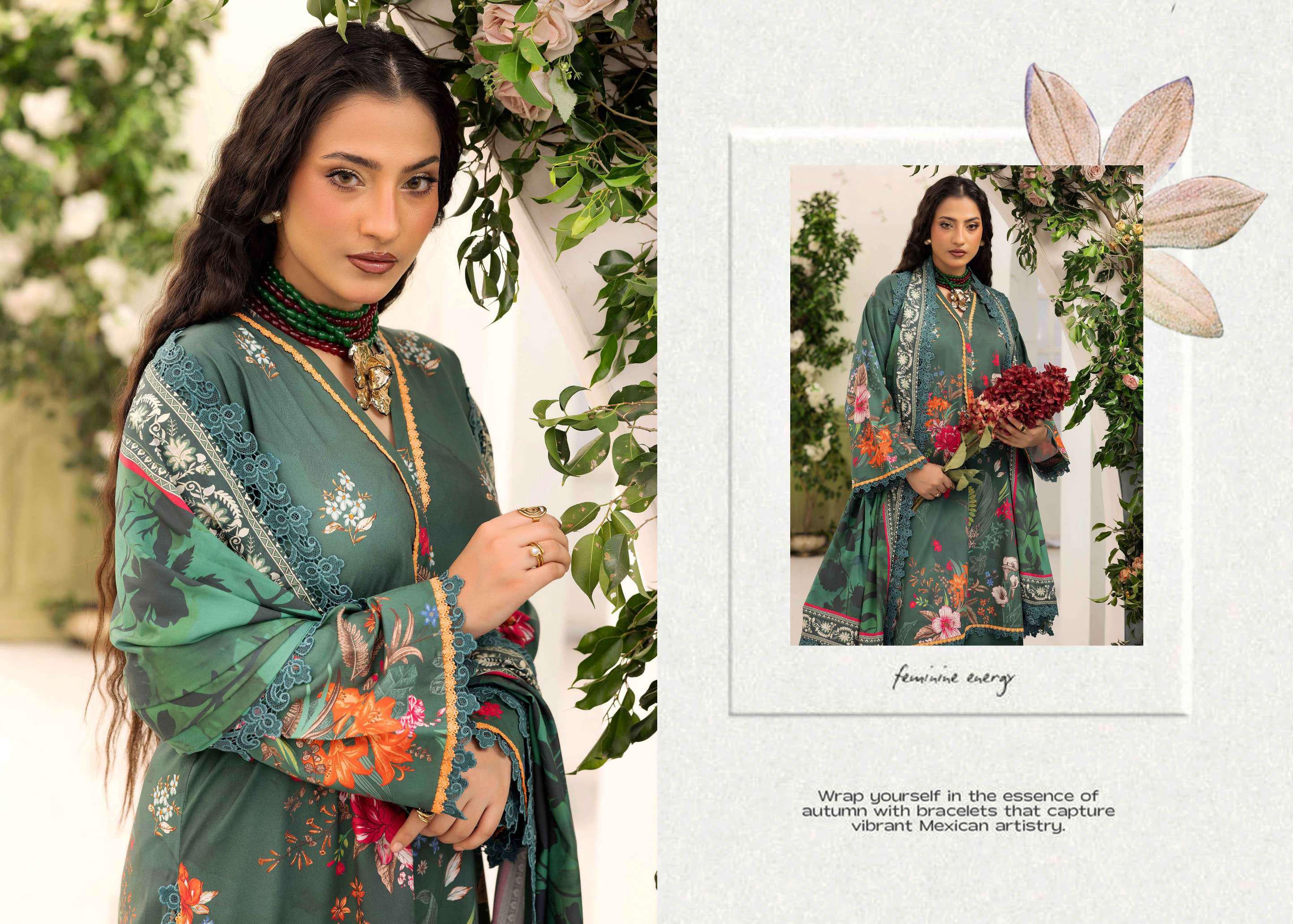 Deep Teal Digital Print Linen Suit | 3-Piece Luxury Floral Winter Collection