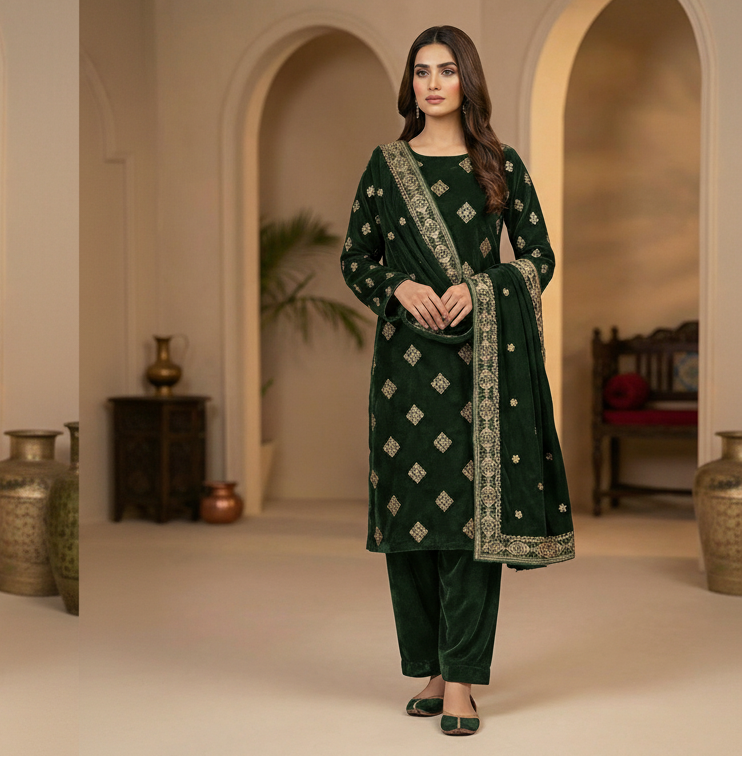 Woman in a green traditional outfit standing in a decorated room with arches and decorative items.