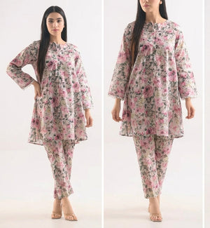 Woman modeling a floral outfit from different angles on a white background