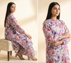 Woman wearing a floral outfit in three different poses against a neutral background