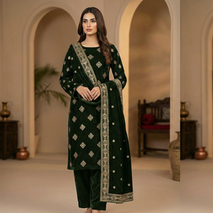 Woman wearing a green traditional outfit with intricate patterns in a decorative setting.