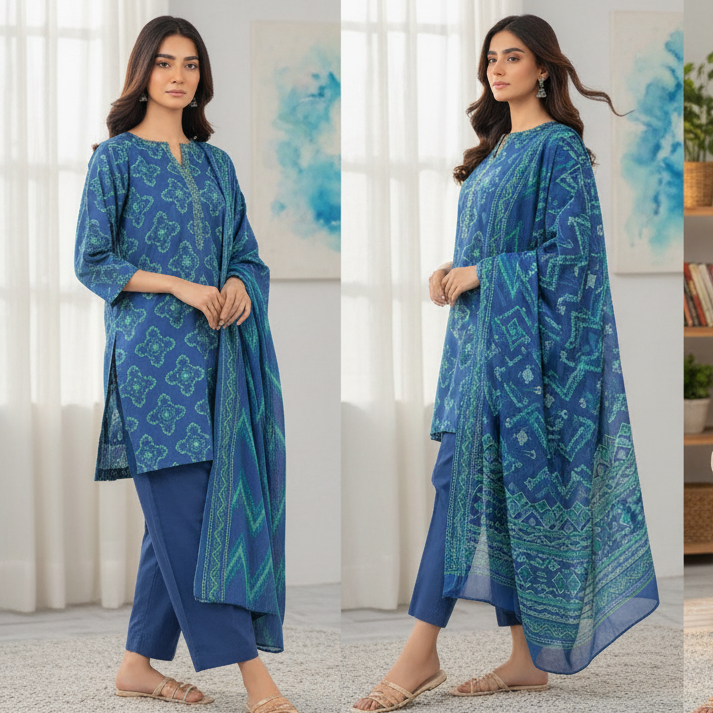 Woman in a blue patterned outfit in various settings