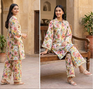 Woman wearing a floral outfit in an outdoor setting