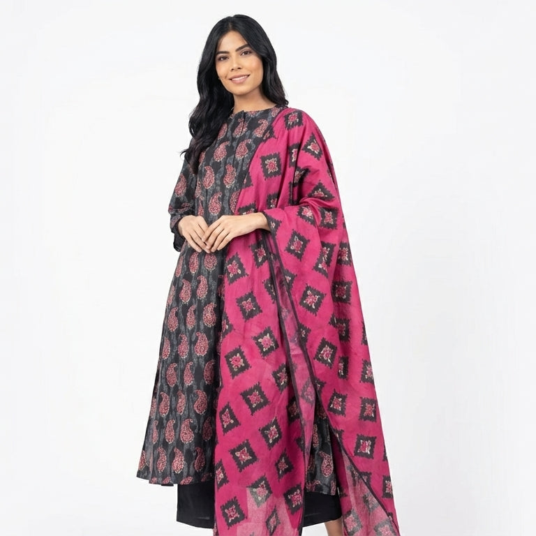 Woman wearing a pink and black patterned dress on a white background