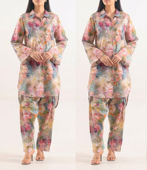 Woman wearing a floral pajama set in multiple poses on a white background