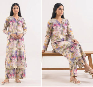 Woman wearing a floral outfit in three different poses on a white background