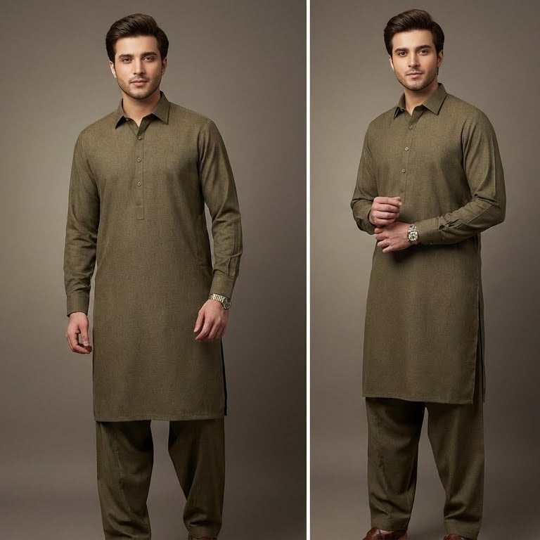 Man wearing a green kurta with different poses on a gray background