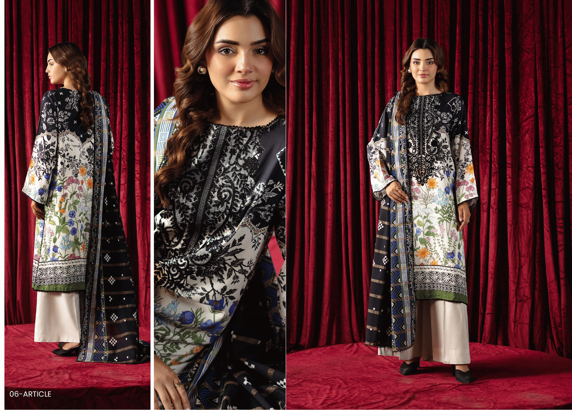 The Monochrome Meadow: Premium Linen Suit with Jacquard Brosha Shawl | Unstitched