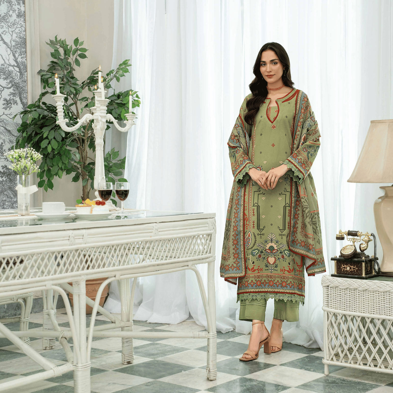 Woman in a green dress standing in a stylishly decorated room with white furniture and decor.