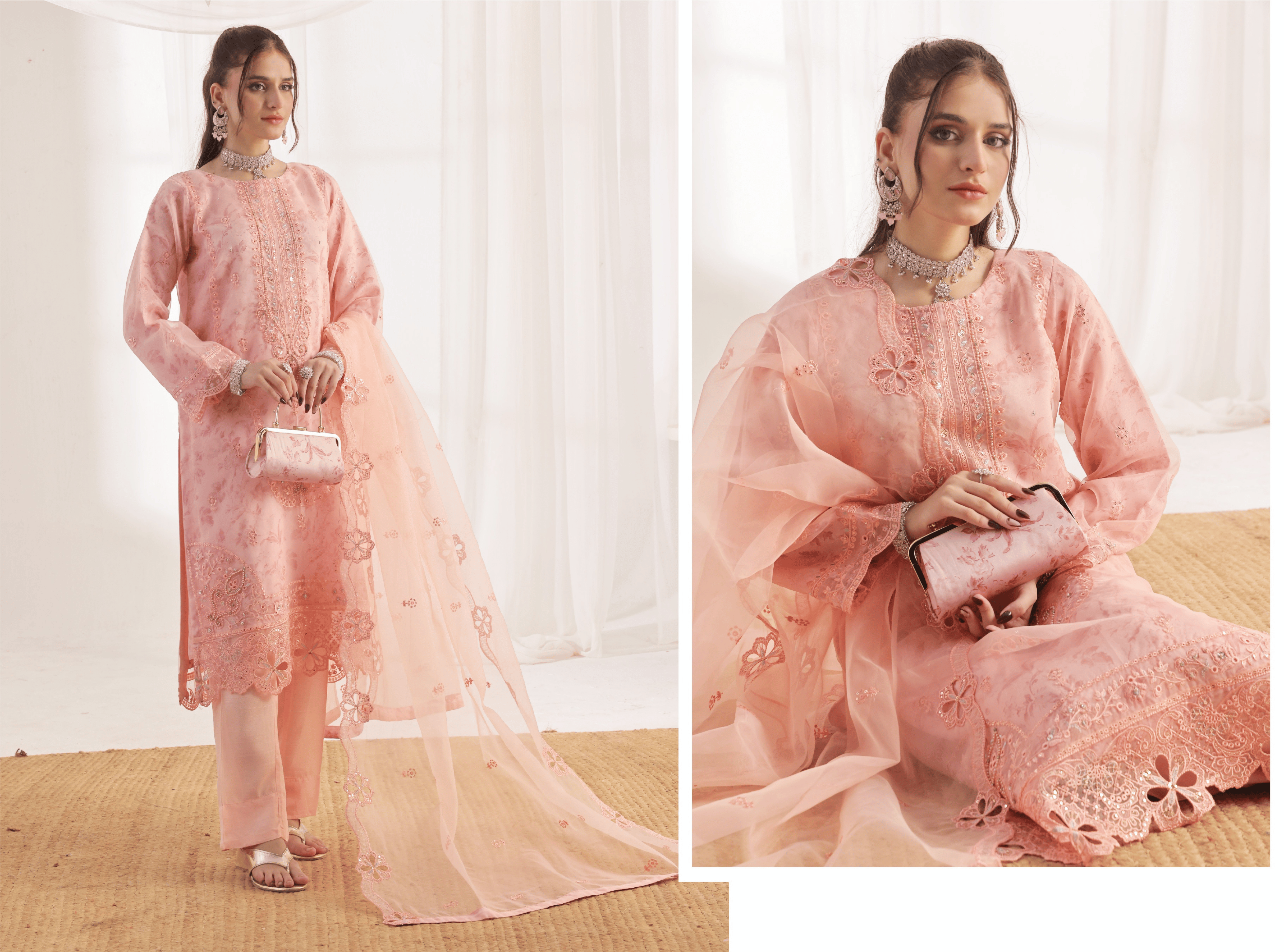 XENIIA Luxury Embroidered Peach Organza 3-Piece Suit with Matching Clutch