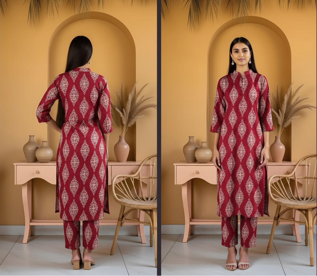 Woman wearing a red patterned outfit standing in front of a decorative wall with vases and plants.