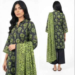 Woman modeling a green and black floral outfit with different poses on a white background