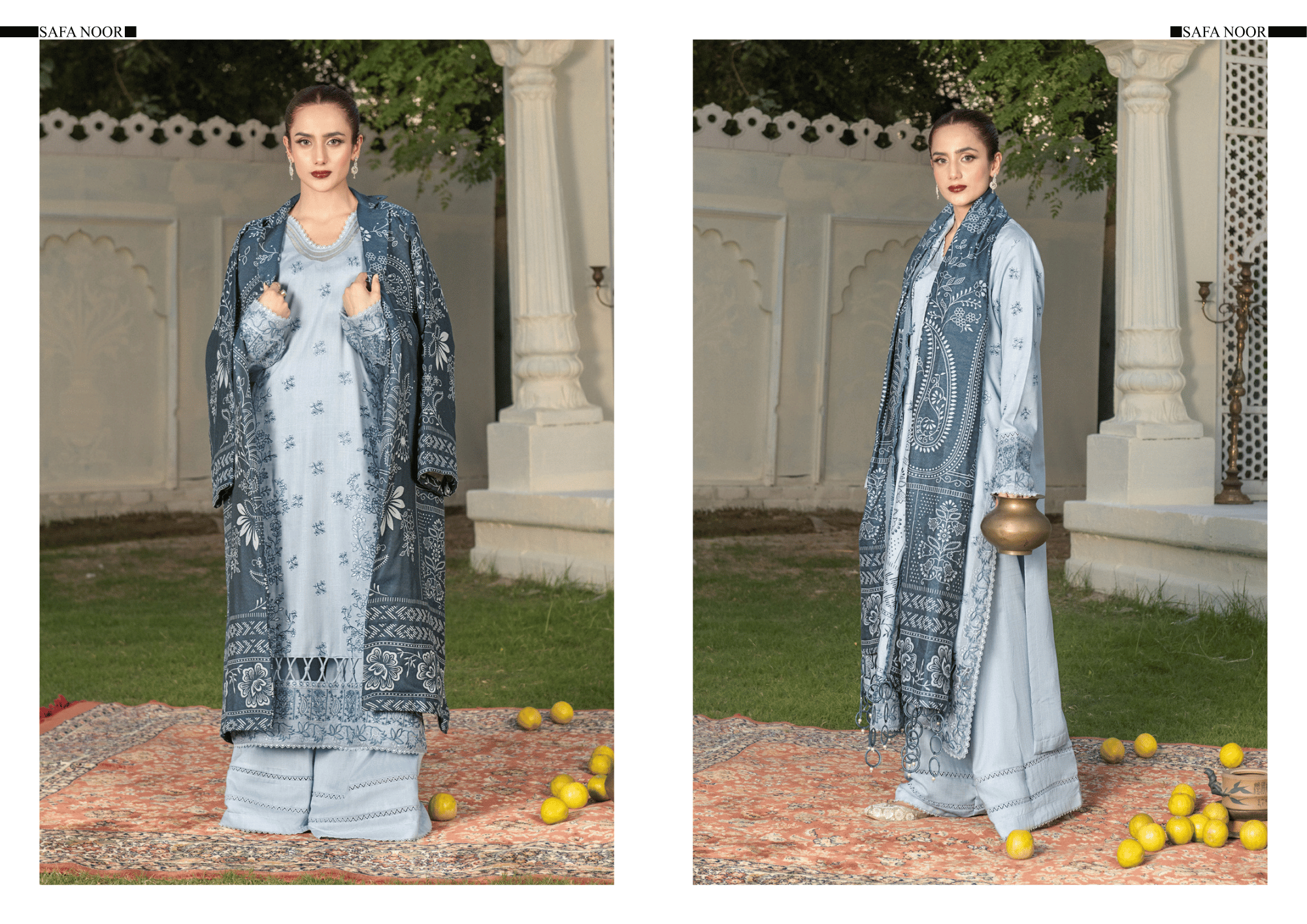 Frost Blue Embroidered Warm Slub 3-Piece Suit with Premium Jacquard Shawl – Winter Festive Collection