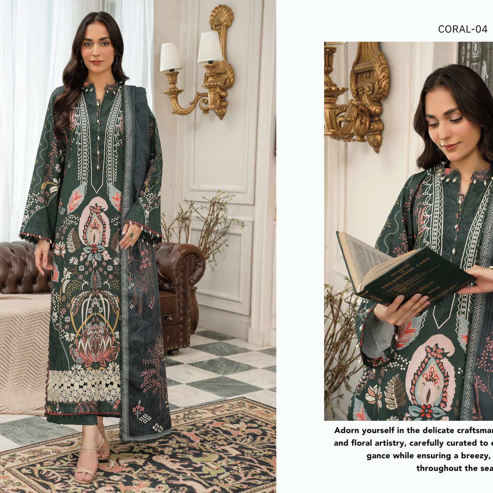 Woman in a floral embroidered outfit standing in a decorated room.