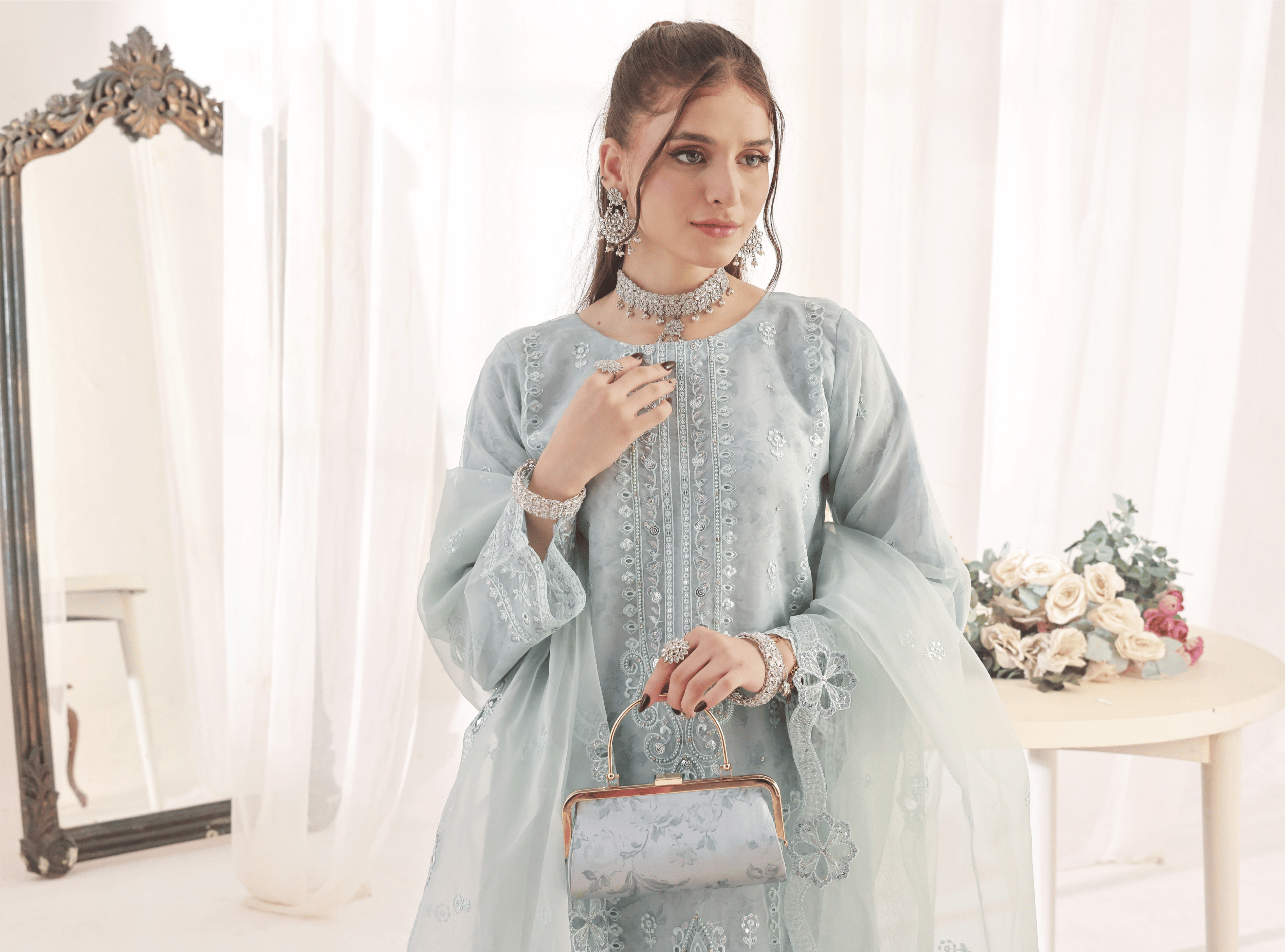 Luxurious Embroidered Powder Blue Organza 3-Piece Suit with Matching Clutch