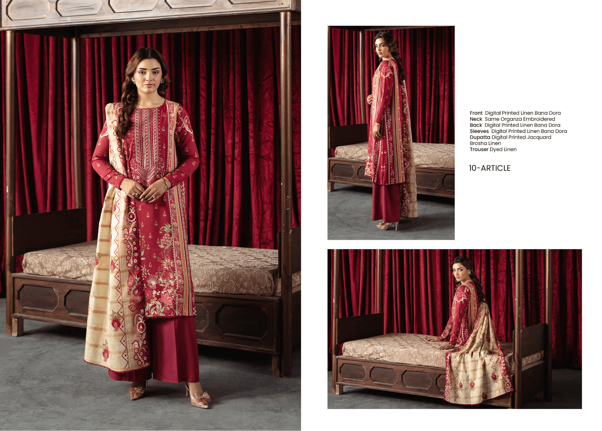 Crimson Luxe: 3-Piece Digital Printed Linen Bana Dora Suit with Embroidered Organza Neckline | Unstitched