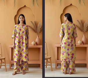 Woman wearing a floral dress in a room with a decorative arch and vase.