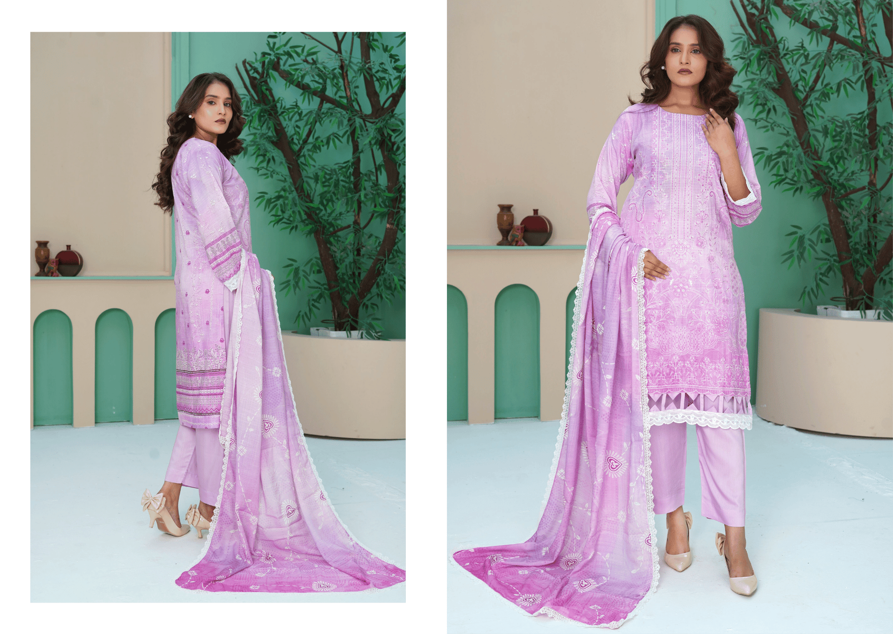 Woman wearing a pink traditional outfit with a matching dupatta in a decorated indoor setting.