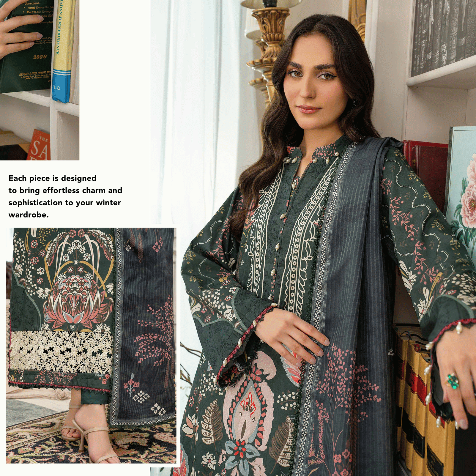 Woman wearing a dark green embroidered outfit with patterned shawl in a decorated room.