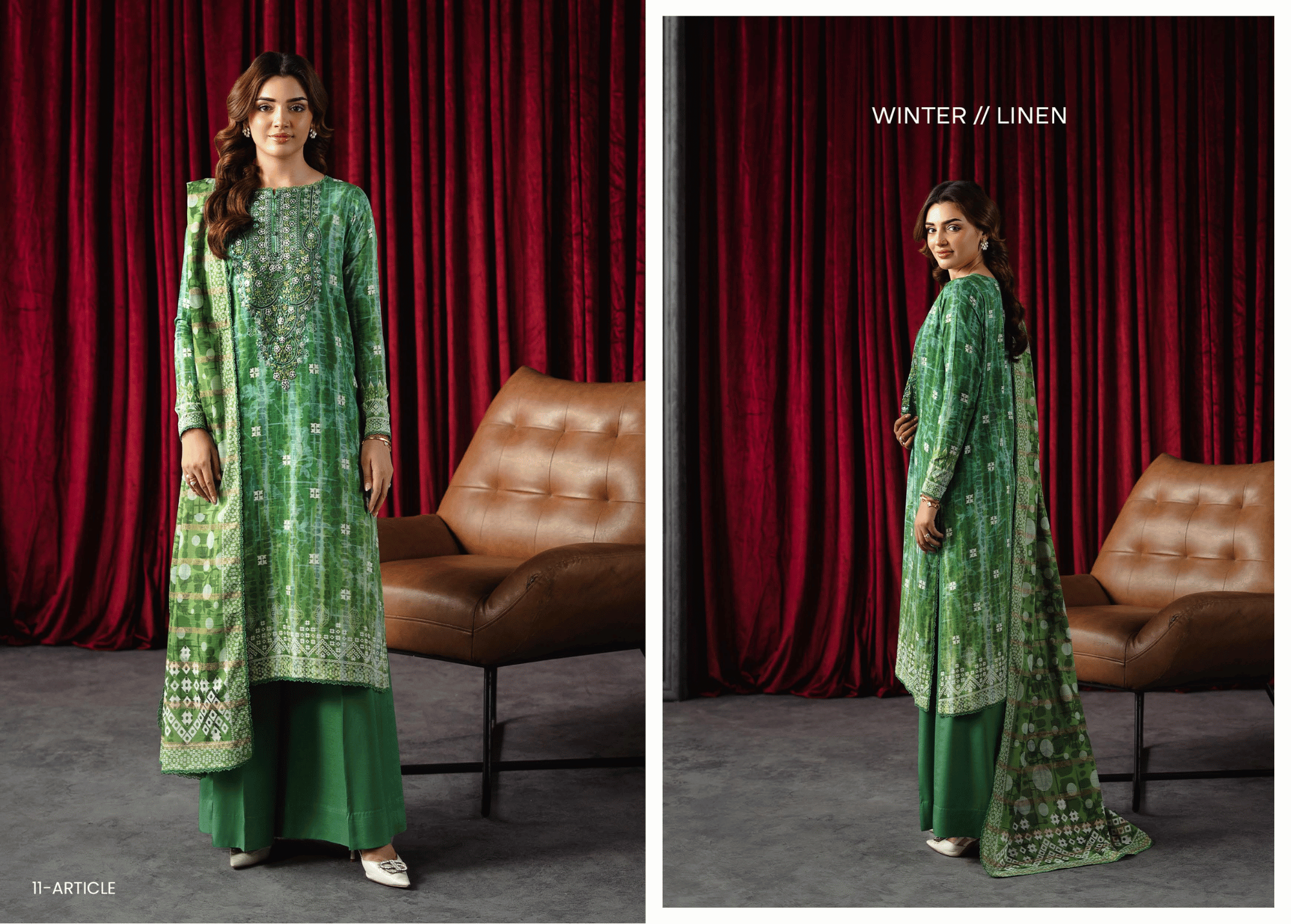 Enchanted Fern Green: 3-Piece Digital Printed Linen Bana Dora Suit with Embroidered Neckline  | Unstitched