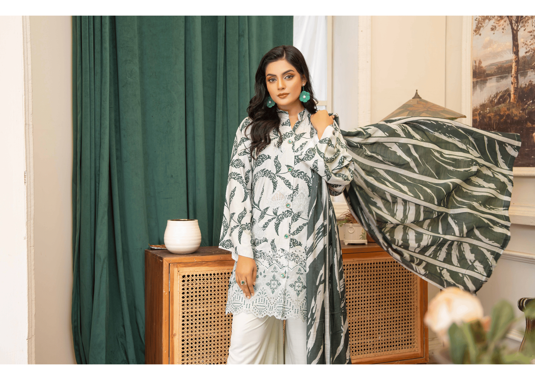 Winter collection floral Grey Botanical 3-Piece Suit | Applique Embroidered Staple Slub