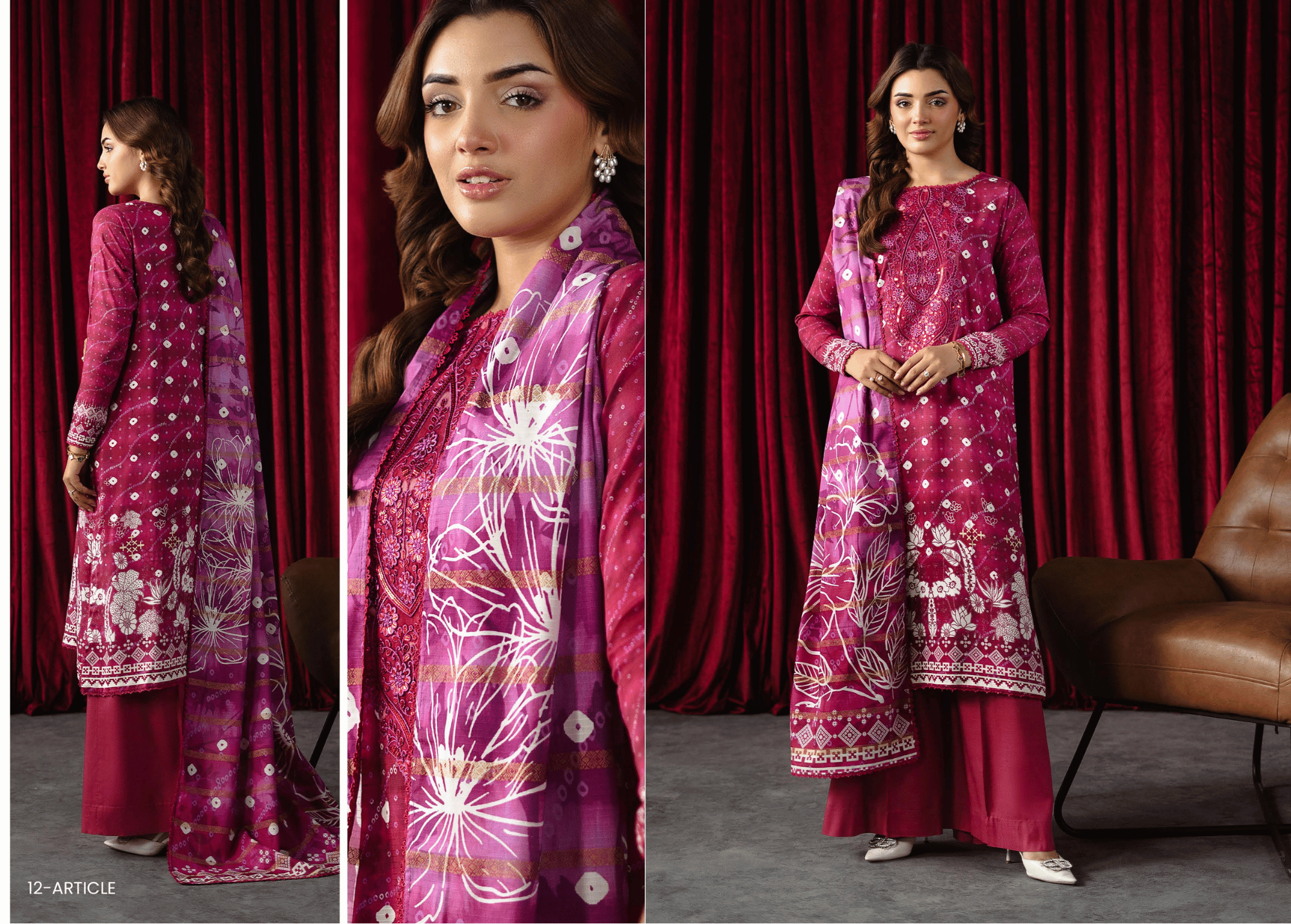 Vibrant Magenta Bloom: 3-Piece Digital Printed Linen Bana Dora Suit with Embroidered Neckline | Unstitched