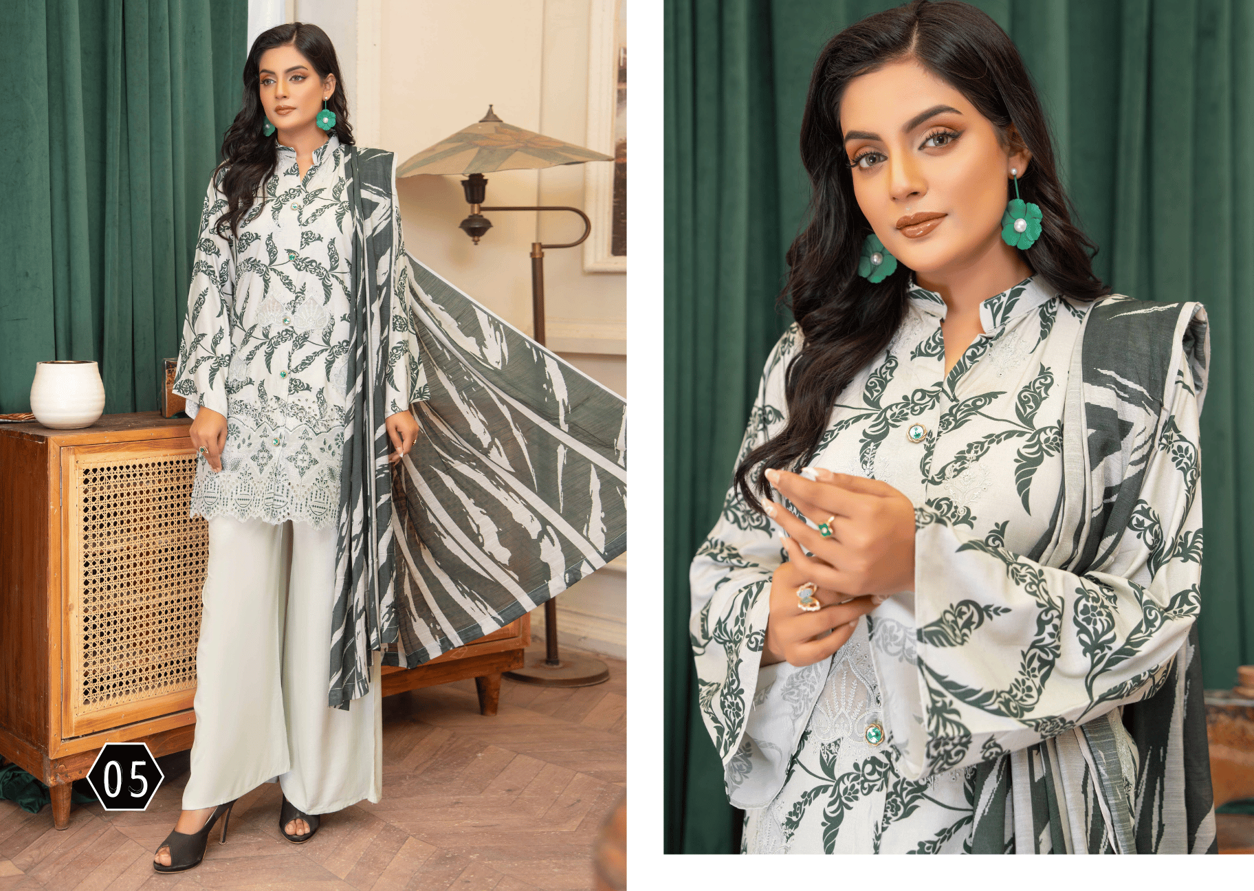 Winter collection floral Grey Botanical 3-Piece Suit | Applique Embroidered Staple Slub