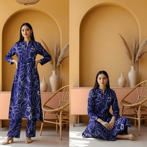 Woman in a blue patterned outfit posing in a room with beige walls and wooden furniture.