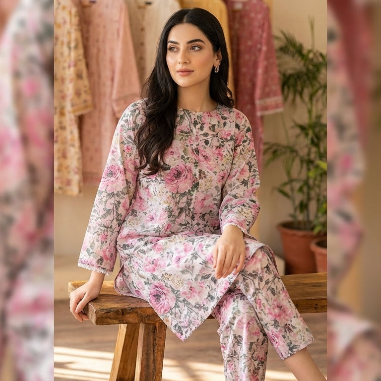 Woman in a floral outfit sitting on a wooden stool in a room with plants.