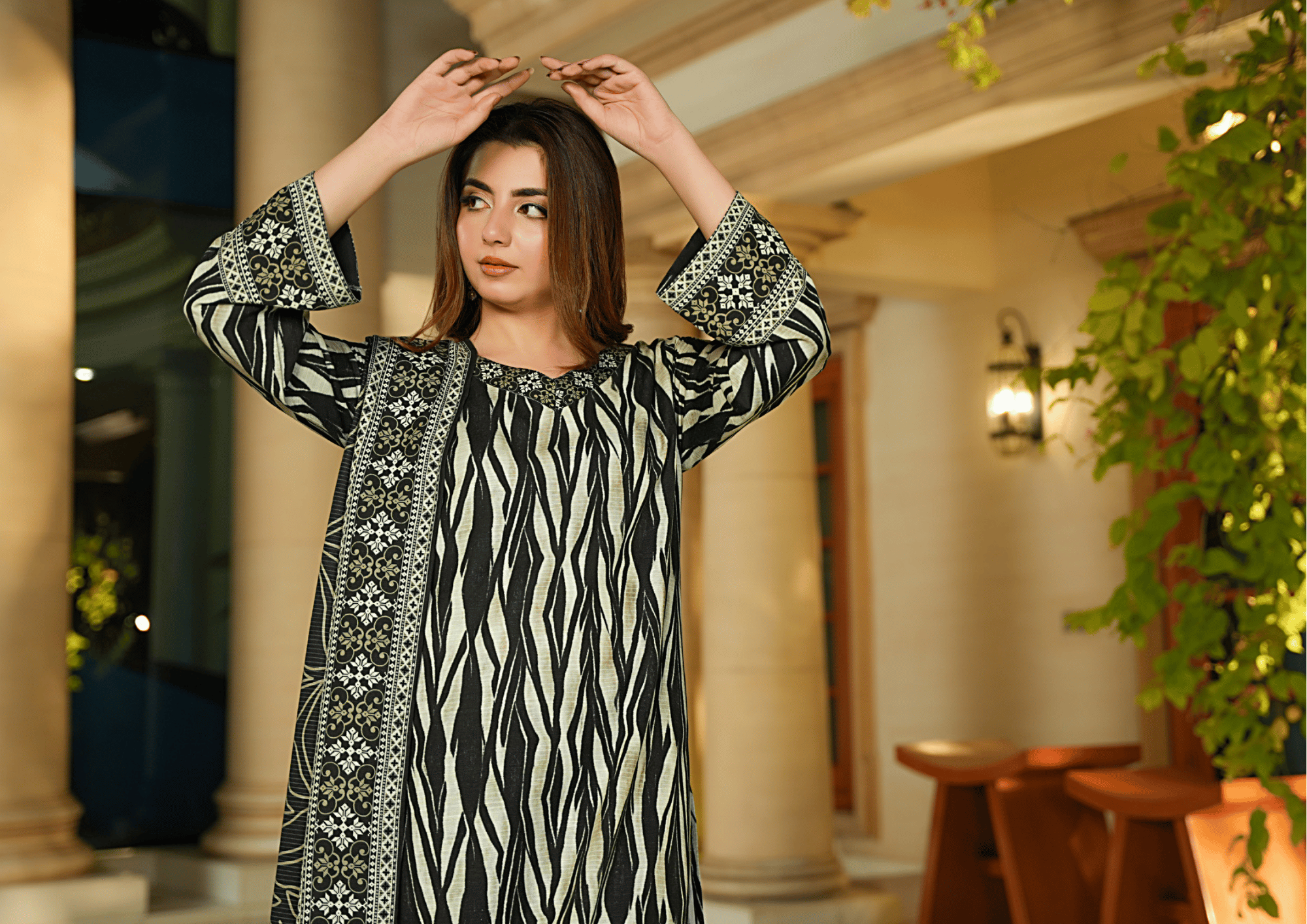 Black & Beige Printed Khaddar 3-Piece Winter Suit – Digital Printed Shirt & Dupatta with Dyed Trouser