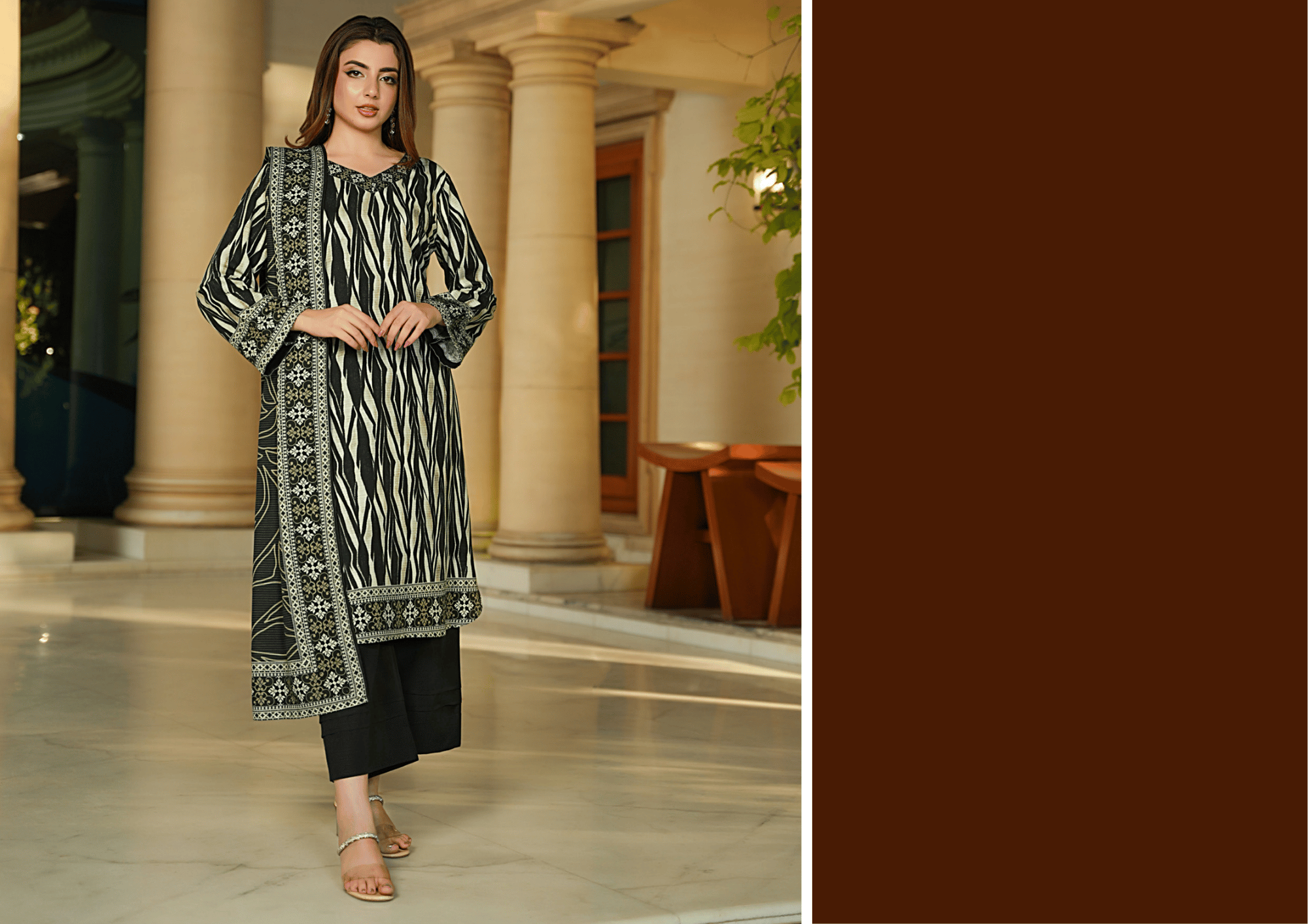 Black & Beige Printed Khaddar 3-Piece Winter Suit – Digital Printed Shirt & Dupatta with Dyed Trouser