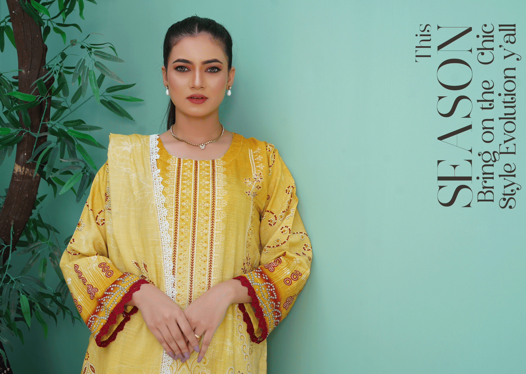 Mustard Yellow Embroidered Doria Viscose 3-Piece Suit | Diamond Slub Dupatta