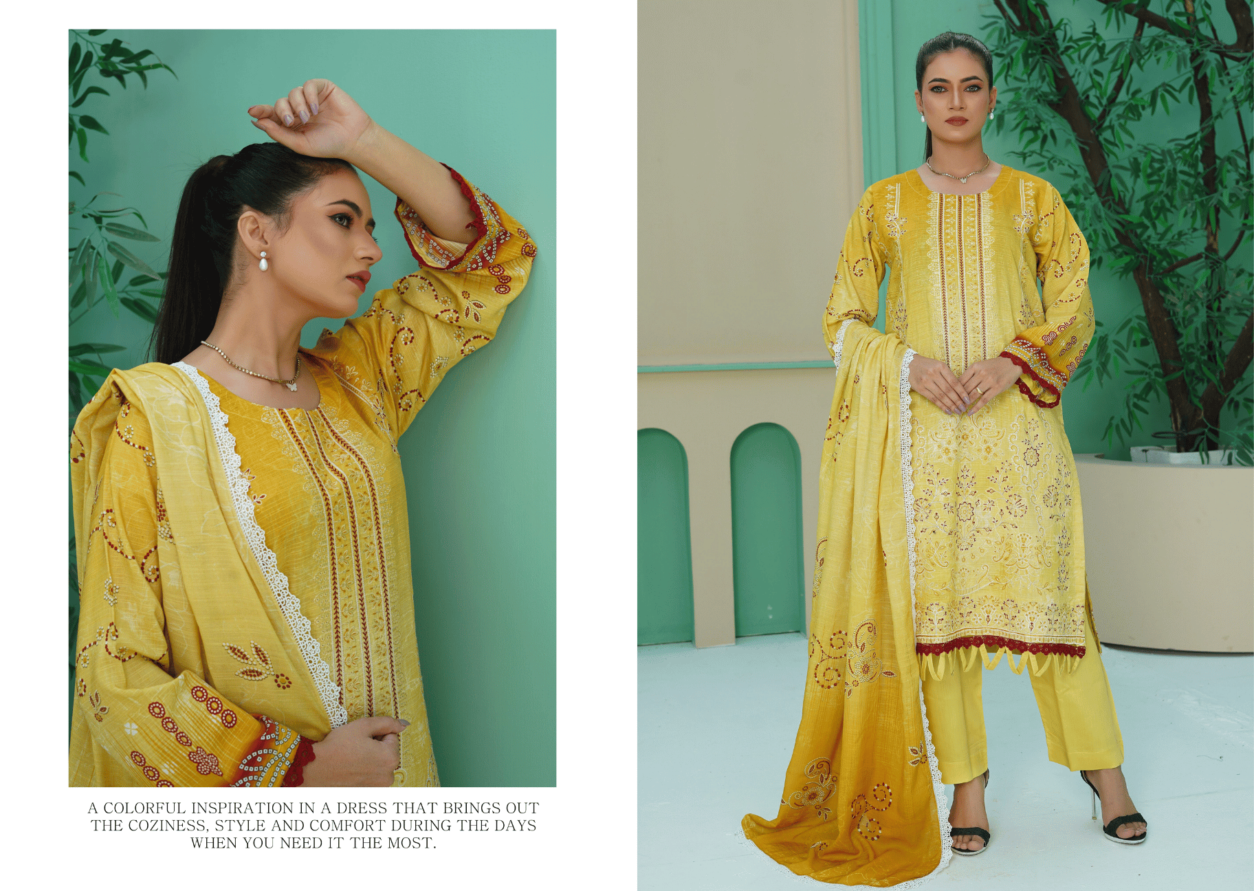 Mustard Yellow Embroidered Doria Viscose 3-Piece Suit | Diamond Slub Dupatta