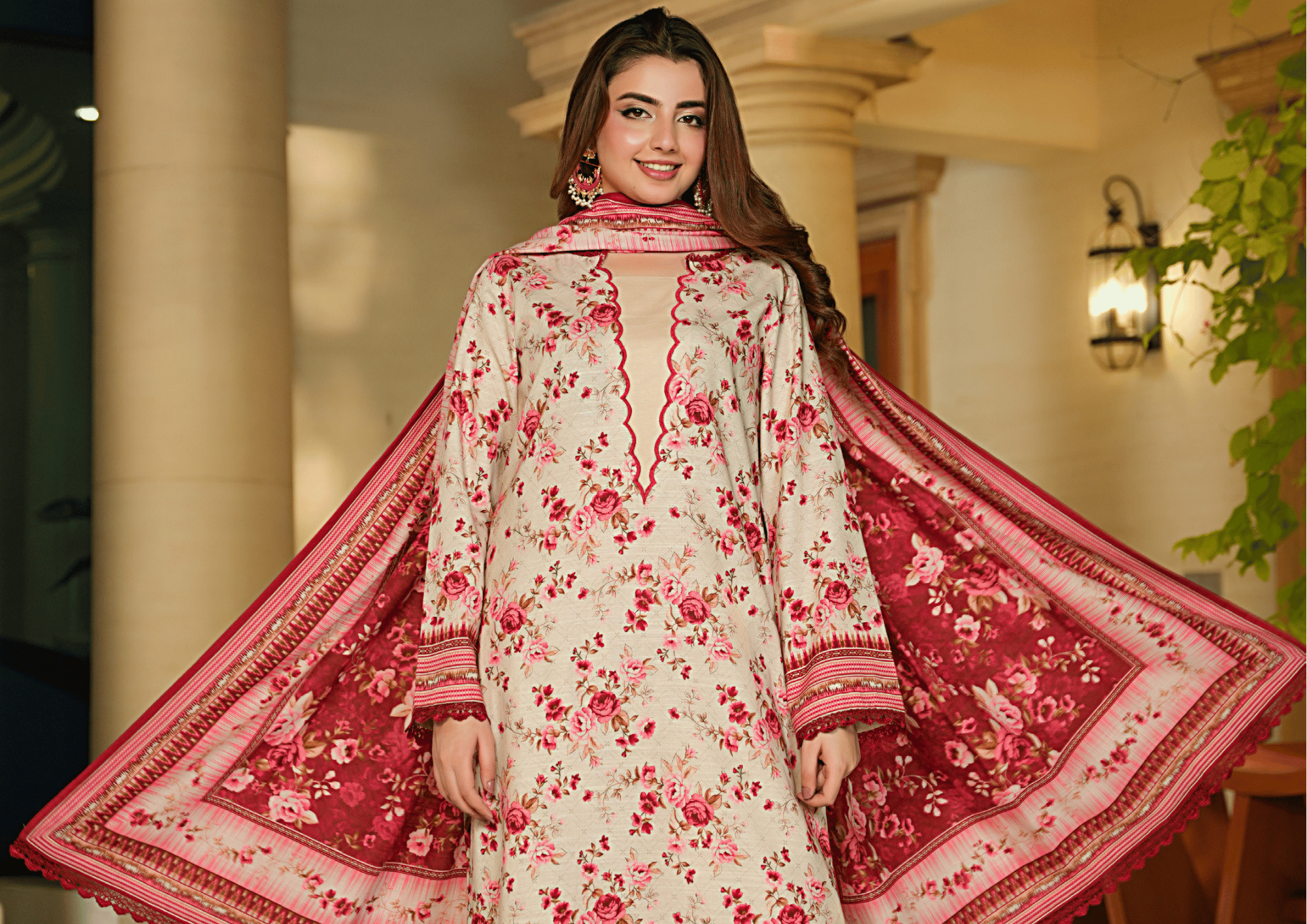 Cream & Rose Floral Printed Khaddar 3-Piece Winter Suit – Digital Printed Shirt & Dupatta with Dyed Trouser