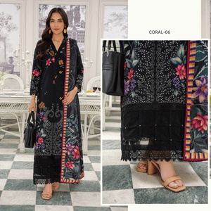 Woman wearing a black floral dress with colorful border in an indoor setting, featuring close-up details and the brand 'Sumptuous Dreams'.