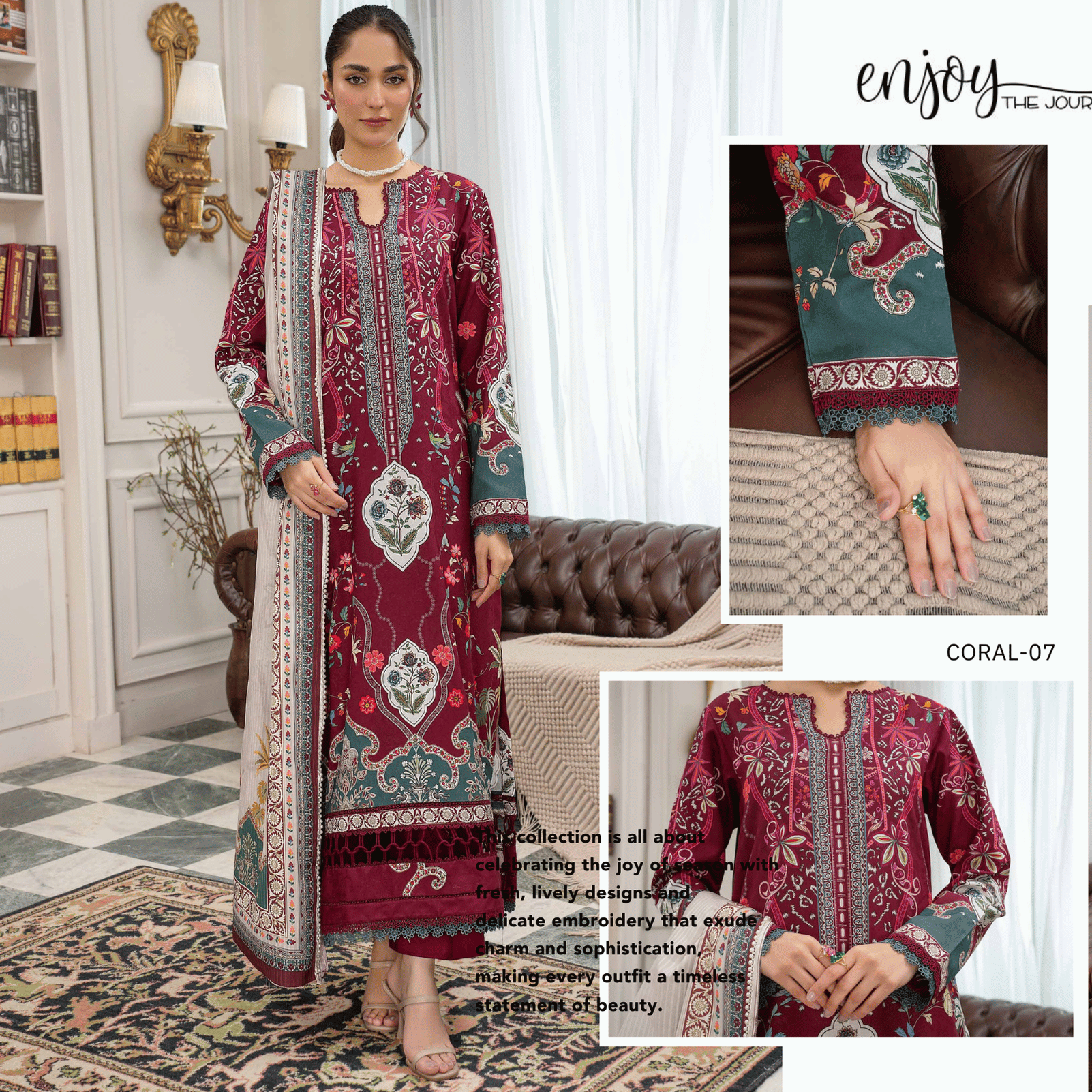 Woman wearing a patterned dress in a home setting with 'enjoy the journey' text.