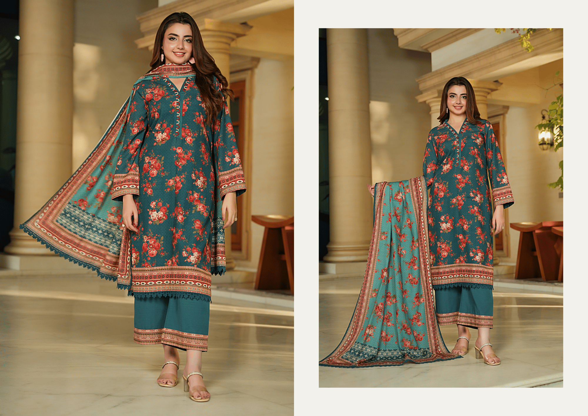 Teal Floral Printed Khaddar 3-Piece Winter Suit – Digital Printed Shirt, Printed Dupatta & Dyed Trouser