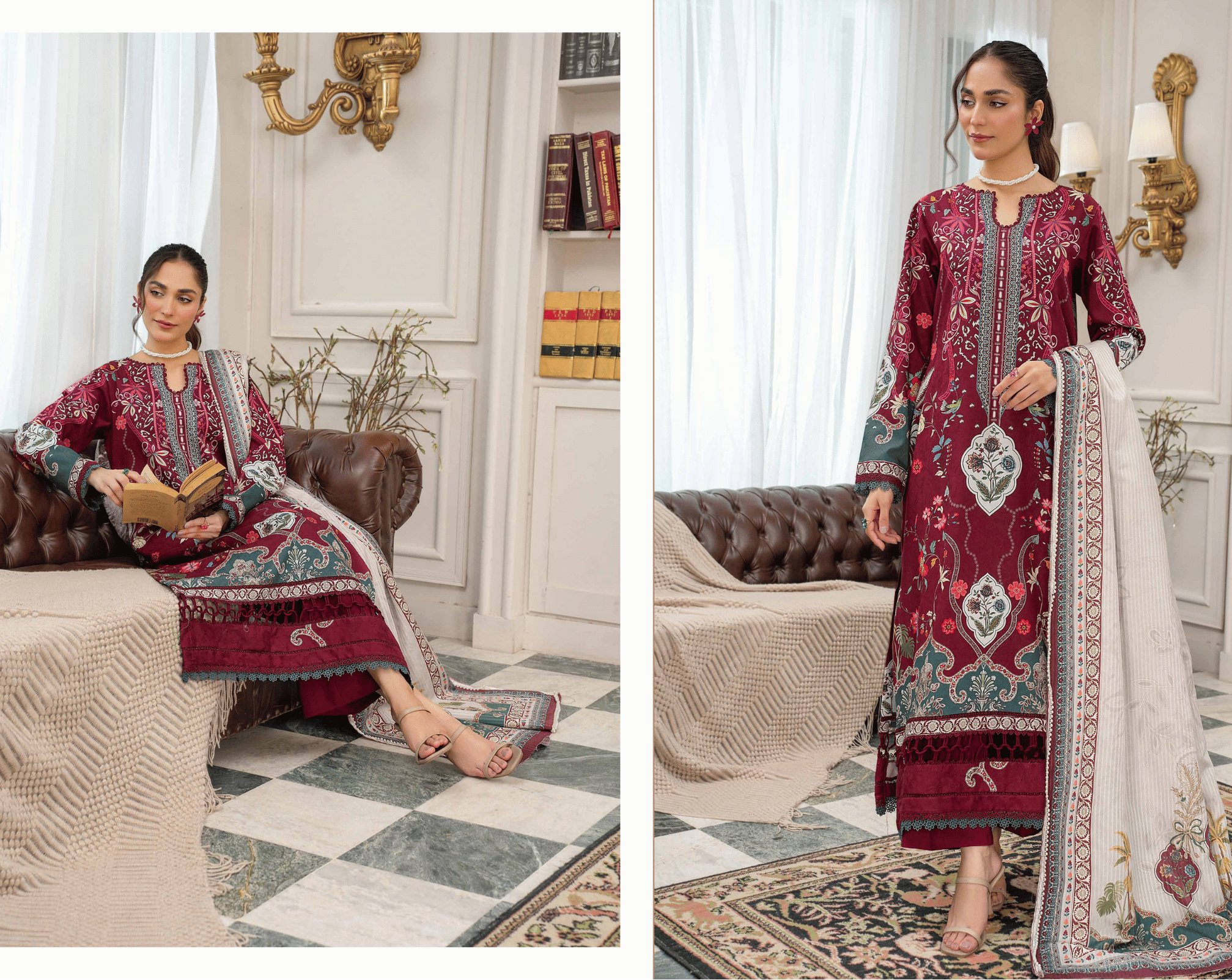 Woman in a patterned dress sitting on a couch in a decorated room.