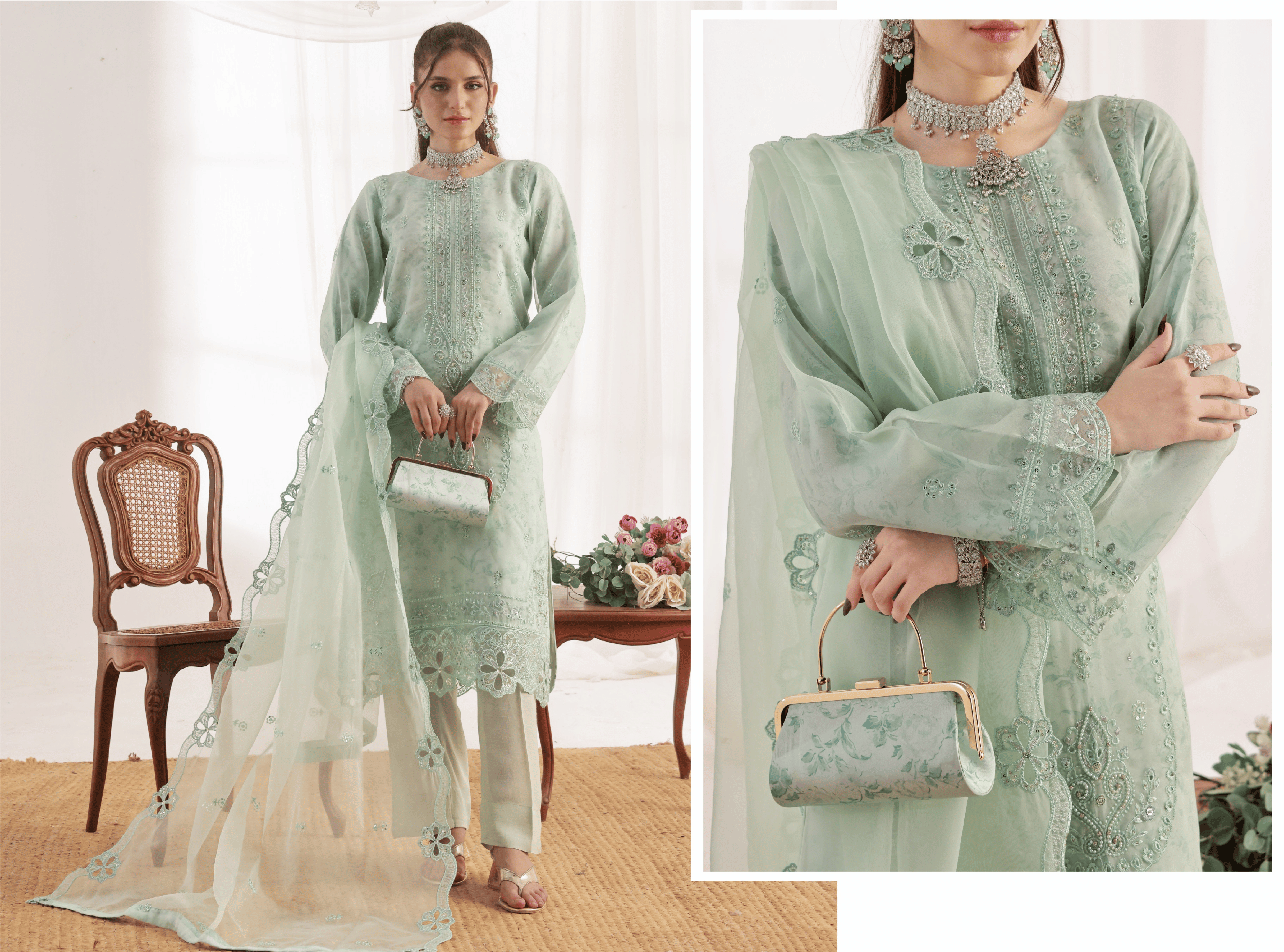 Exquisite Embroidered Mint Organza 3-Piece Suit with Matching Clutch