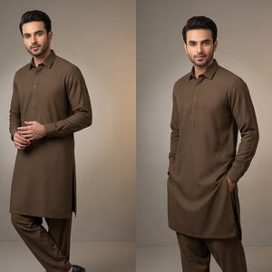 Three poses of a man wearing a brown kurta with pants against a neutral background
