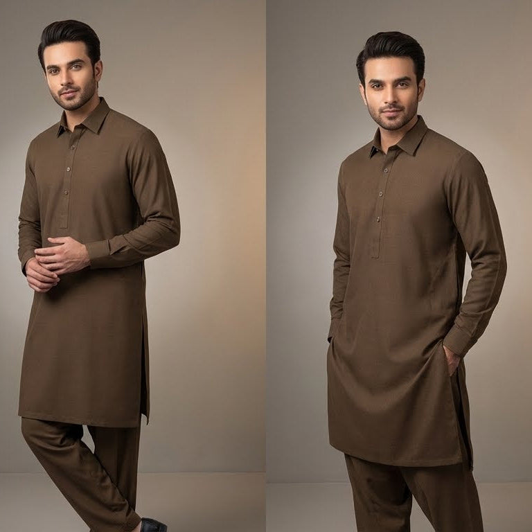 Three poses of a man wearing a brown kurta with pants against a neutral background
